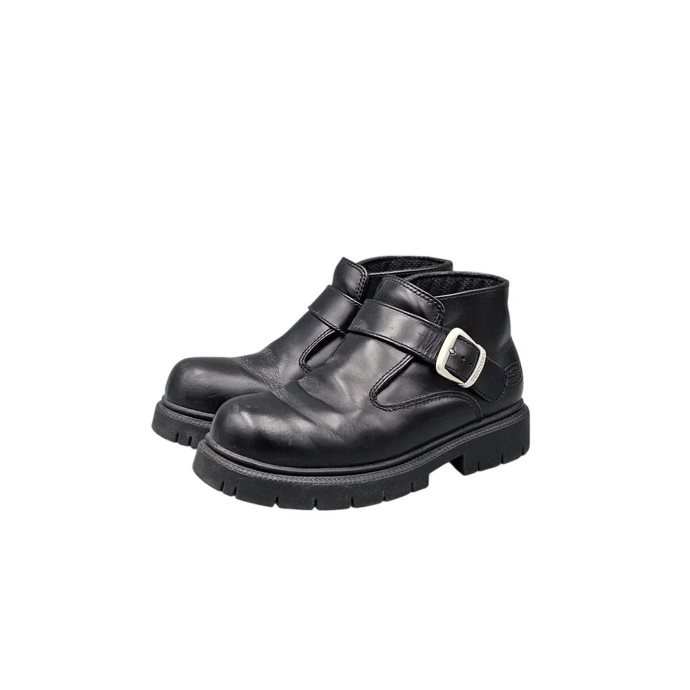 Skechers Men's Size 9 US VGC Black Leather Y2K Chunky Buckle Strap Moto‎ Boots